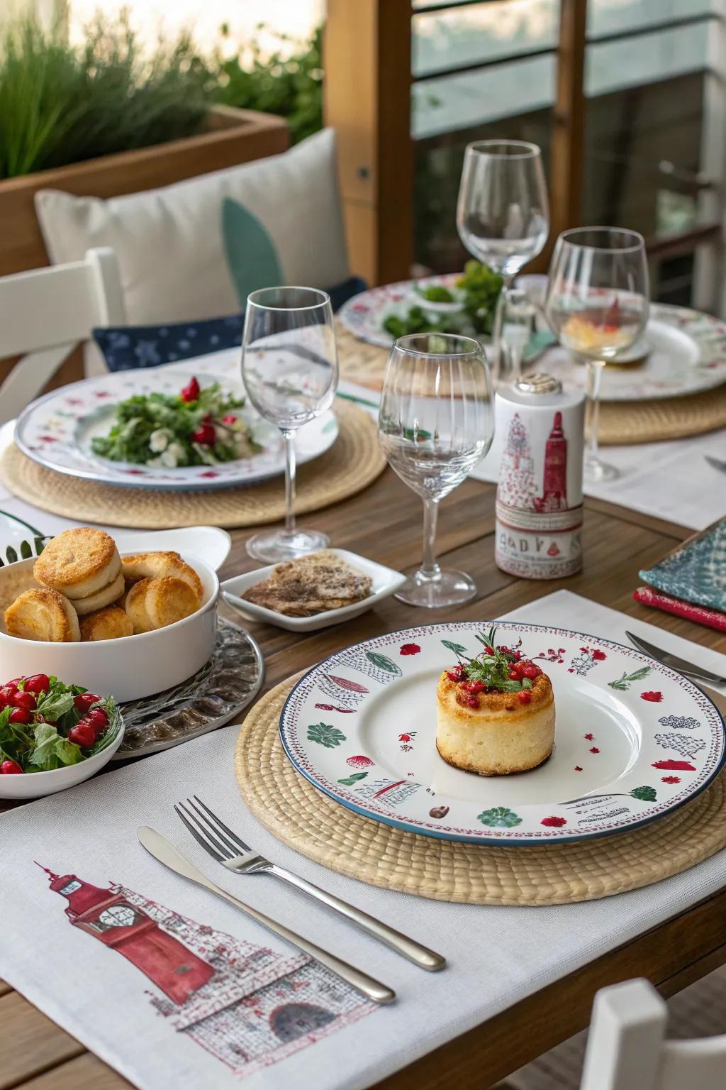 A themed dinner evening arrangement featuring matching decorations and cuisine.
