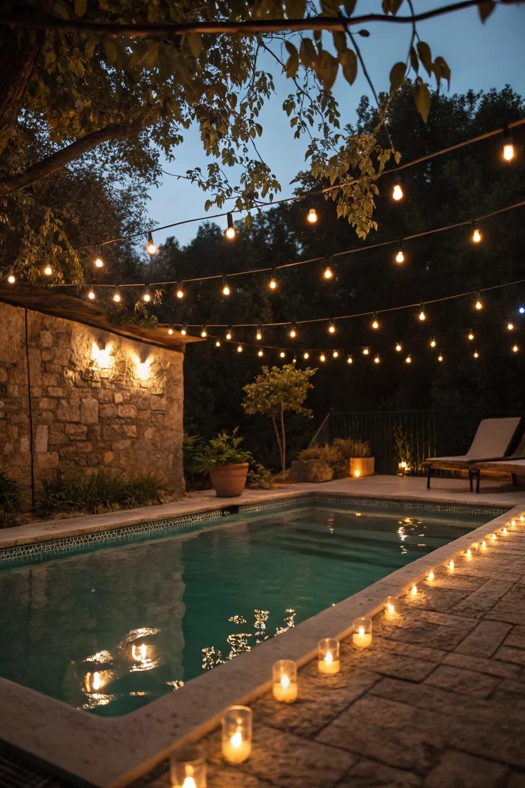 Imaginative lighting transforms this small pool into an evening paradise.
