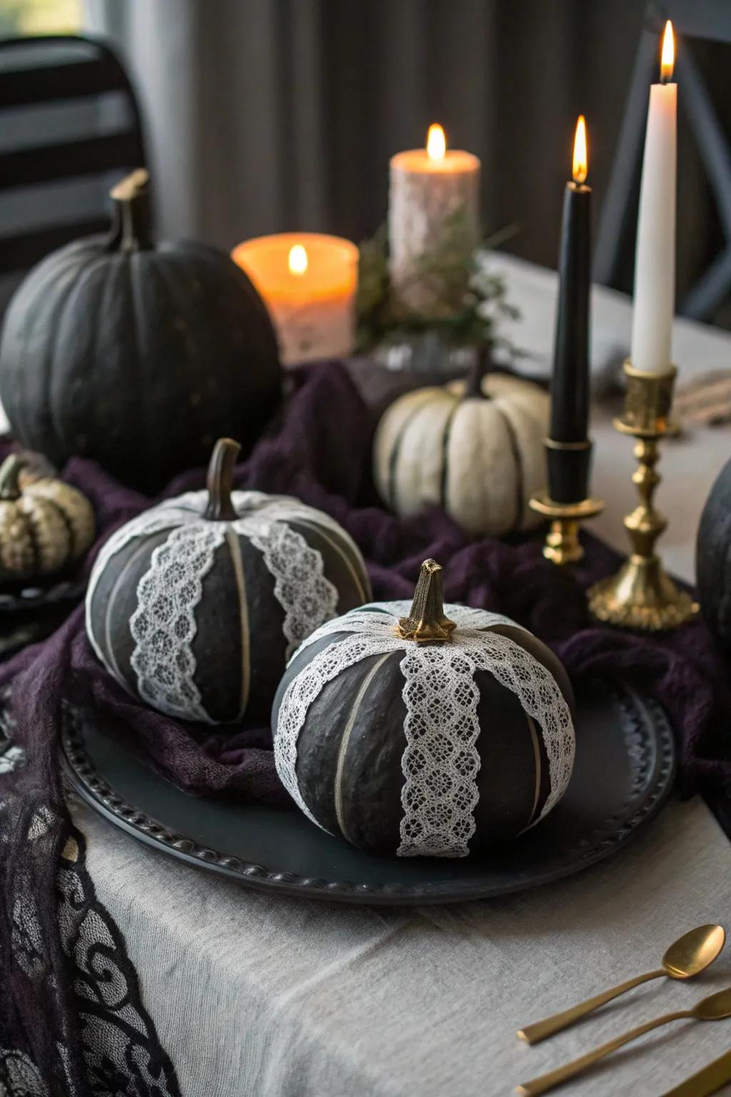 Darkly themed pumpkins display intrigue, coupled with stylishness using ebony patterns.