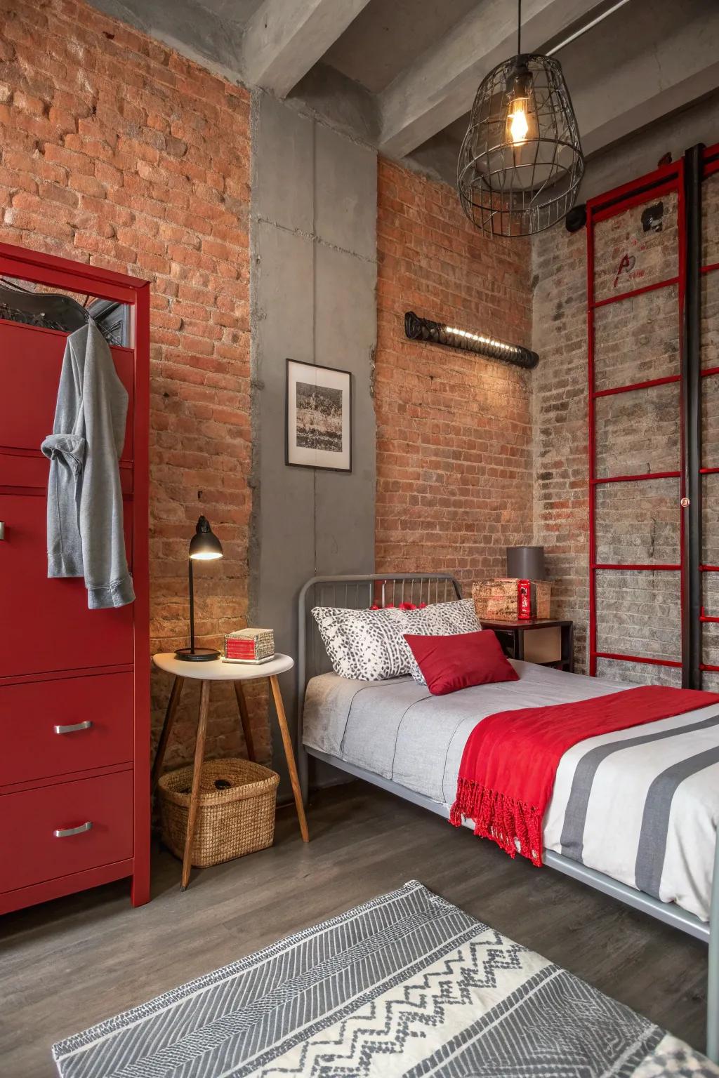 An industrial chic small bedroom with exposed brick and a crimson and ash-grey color scheme.
