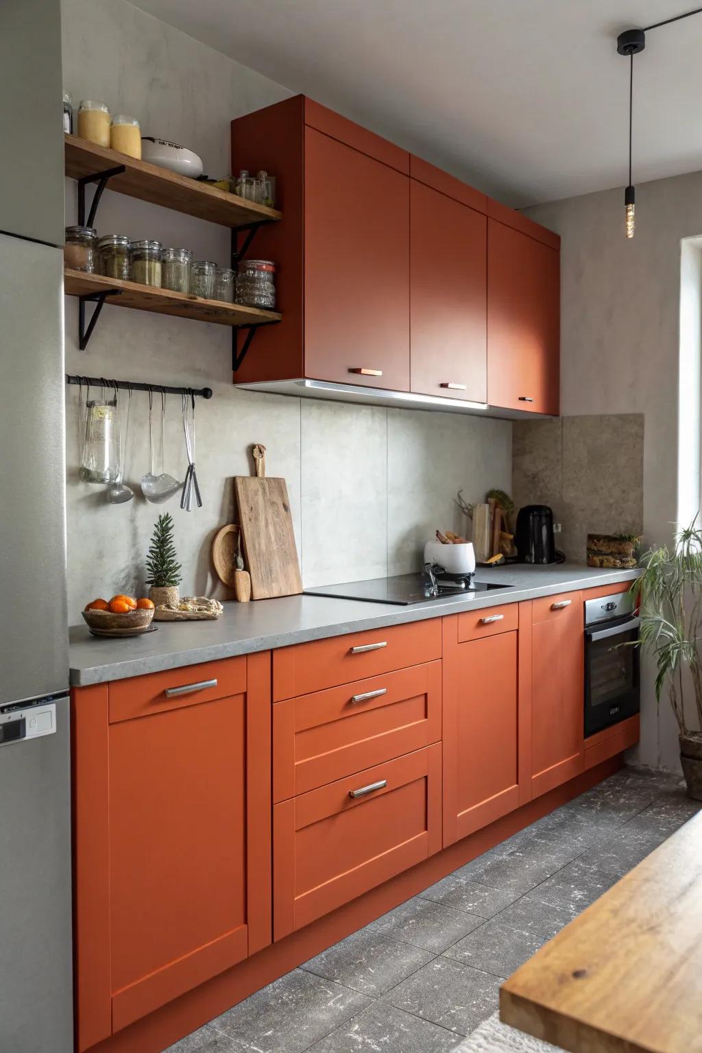 Fiery red and soft grey create a cheerful kitchen atmosphere.