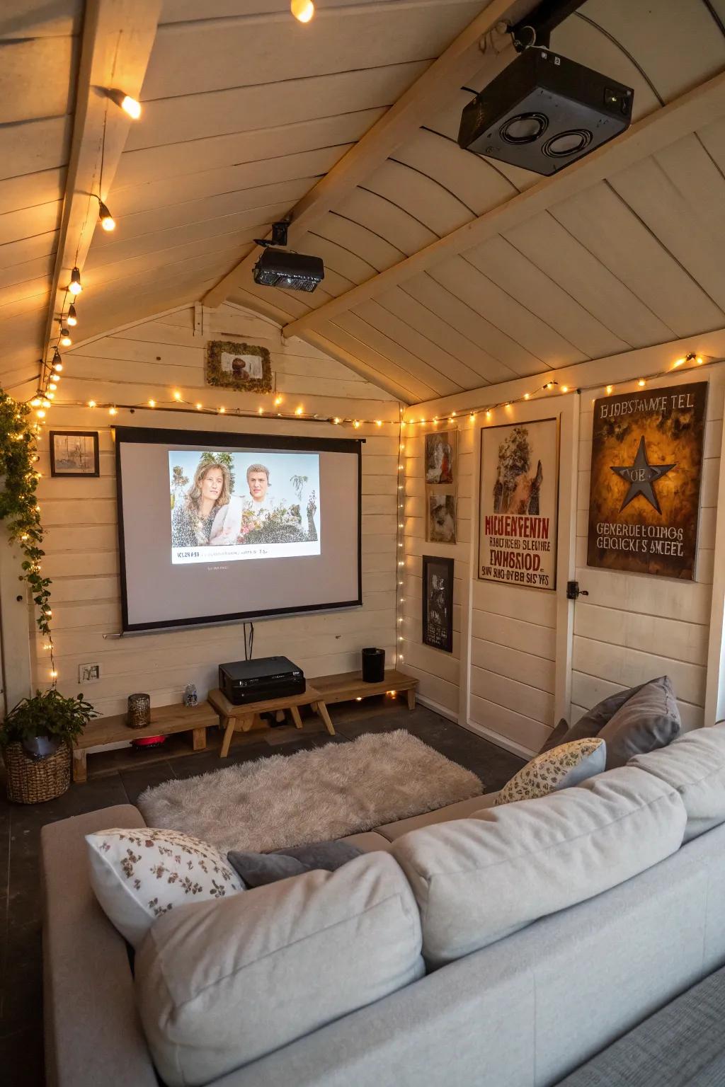 An intimate home theater setting inside a small shed.