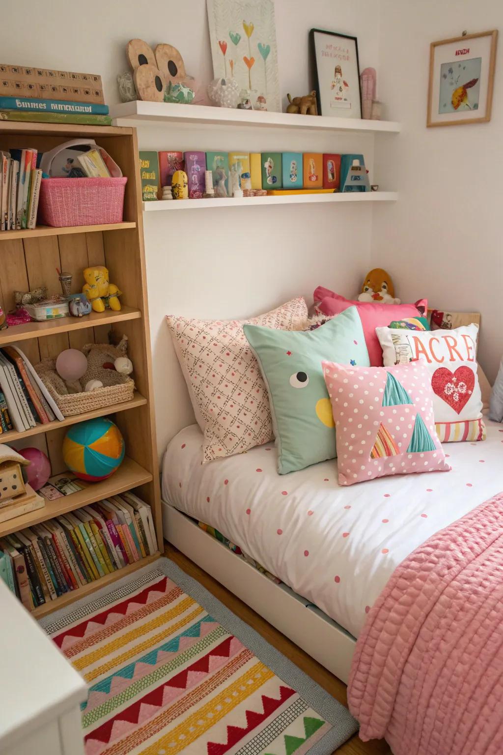 Decorative cushions add style and comfort to the bed.