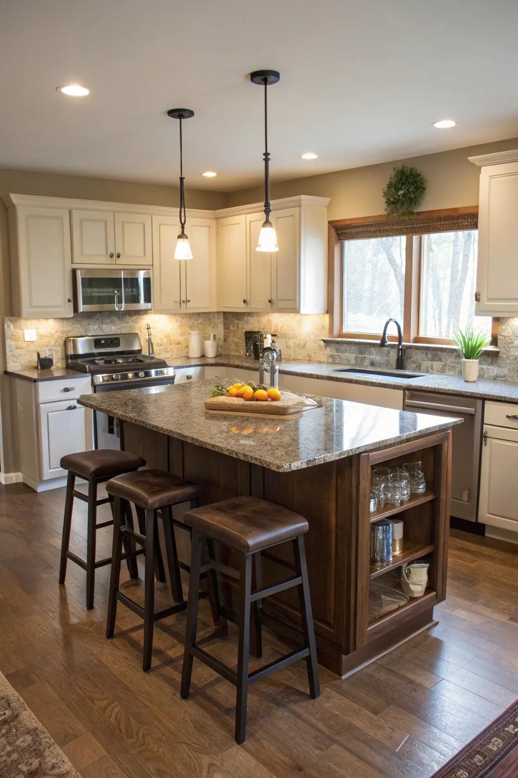 Multi-purpose islands maximize space in small kitchens.