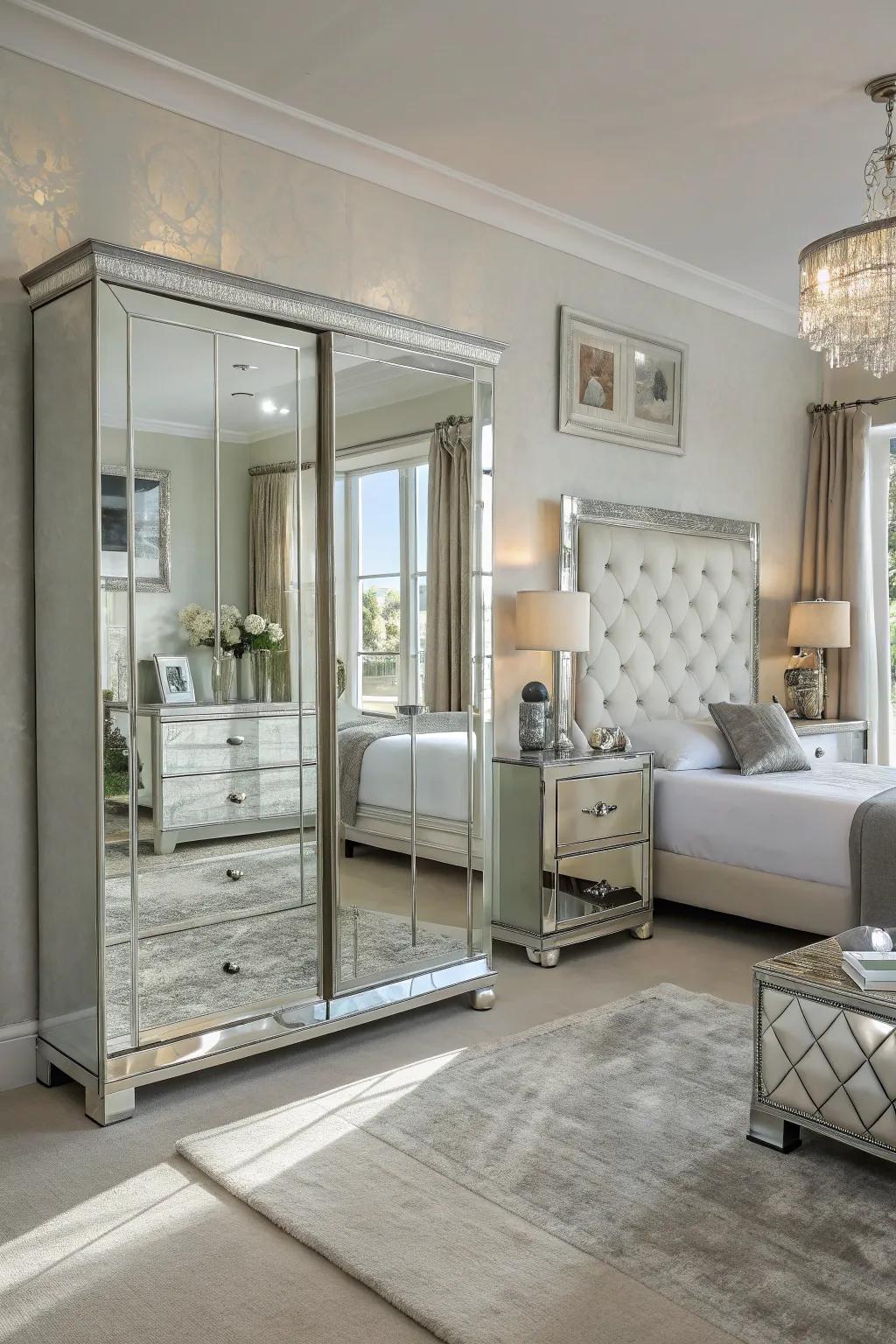 Mirrored furniture in a bedroom creates the illusion of space.