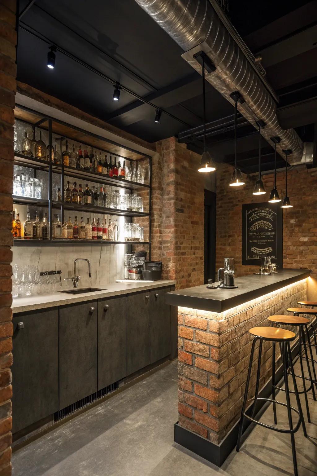 Urban style design elements are featured in a compact wet bar.