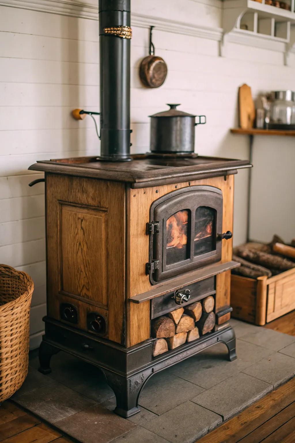 A vintage-style wood heater adds nostalgic charm to any room.