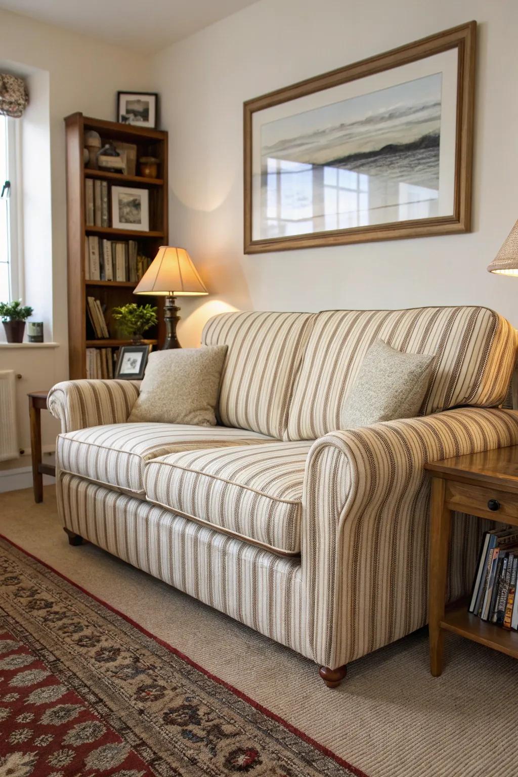 Vertical stripes on a sofa create the illusion of greater height.