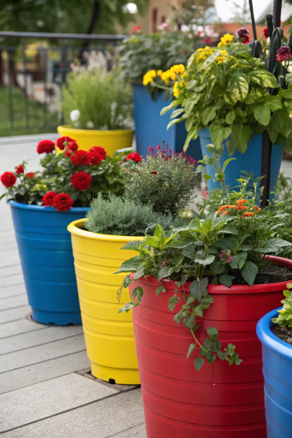 A set of vibrant container gardens adding a touch of charm to a space.