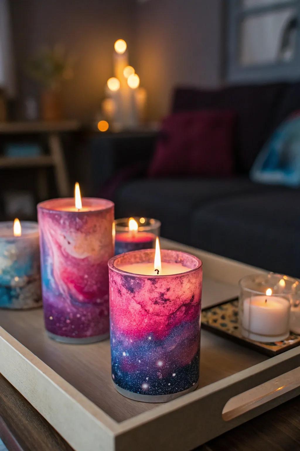 Galaxy cloud patterned candles that provide the universe's splendor to your decor.
