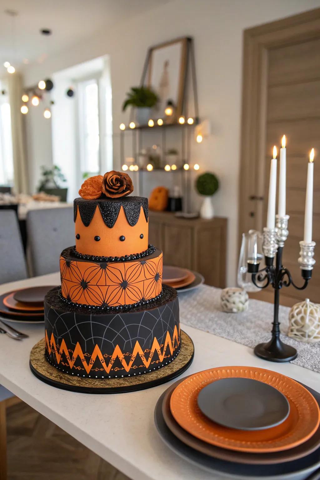 Striking ebony and gold themed spider cake.