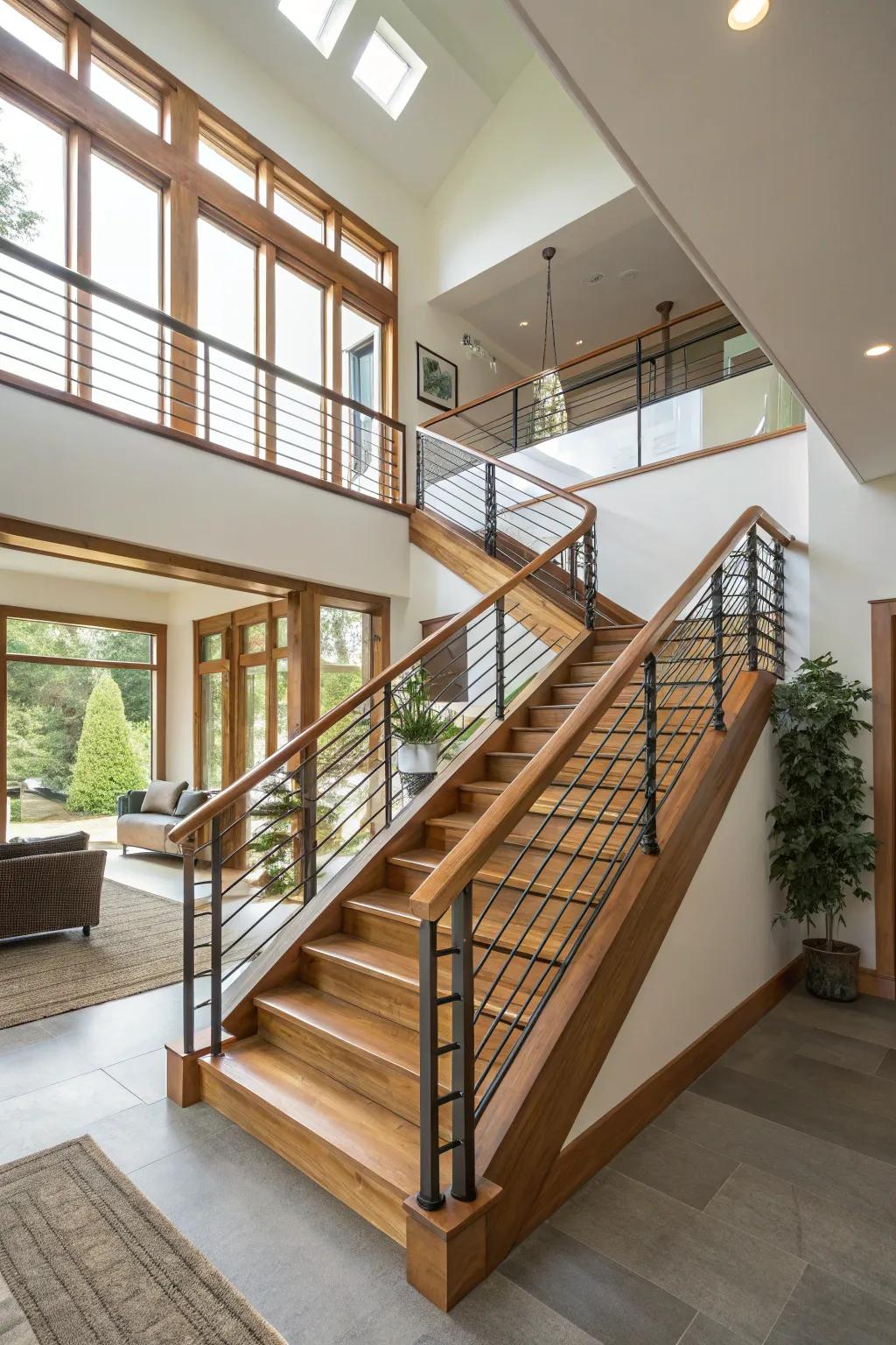 Creatively blended substance railings exhibiting an eclectic presentation across a split-level abode.
