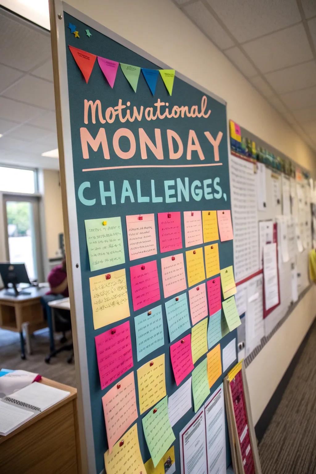 A bulletin board dedicated to Uplifting Weekdays with quotes and challenges.