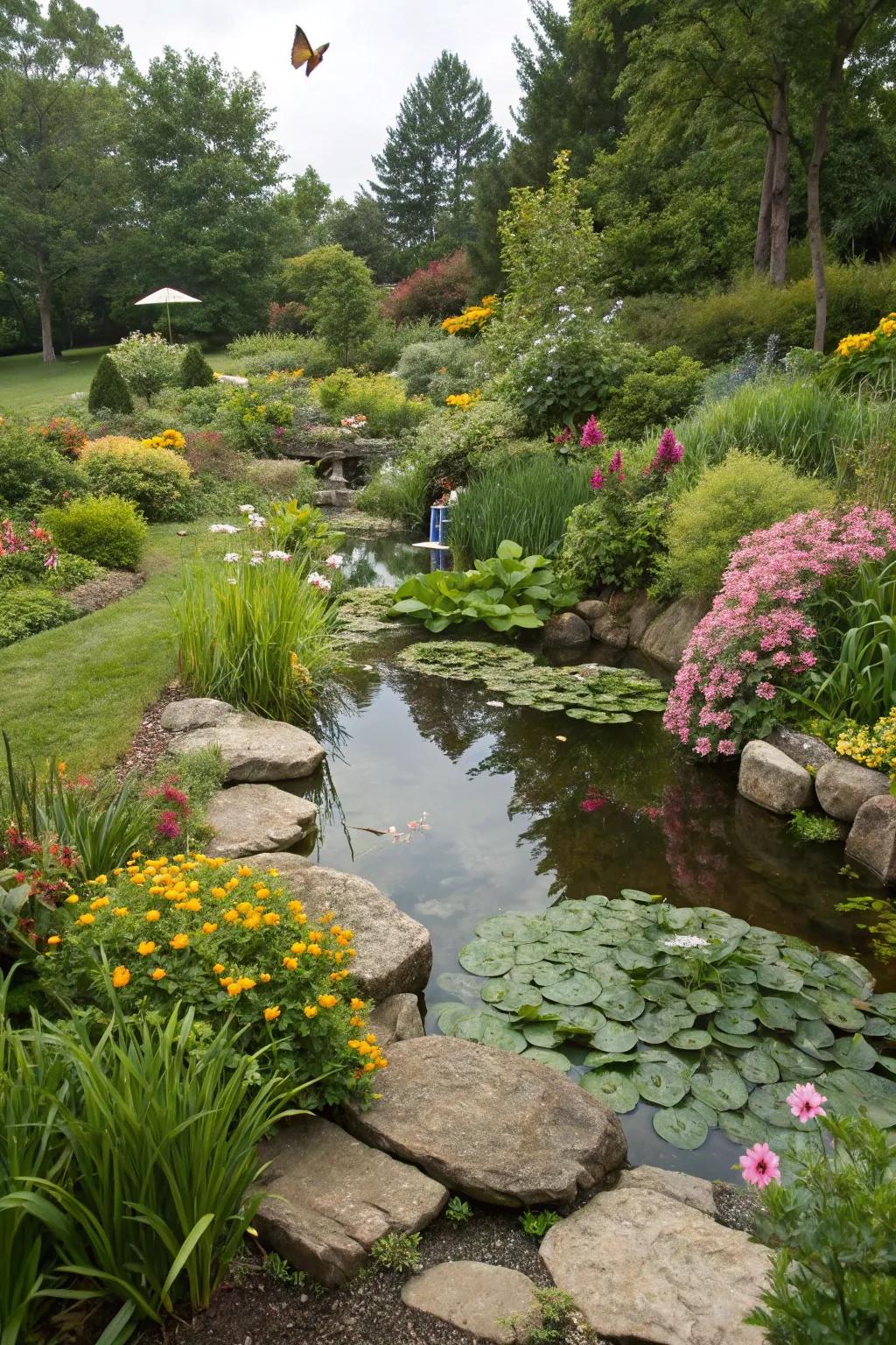 A wildlife-accommodating garden featuring indigenous plants welcomes birds and winged creatures to frequent.