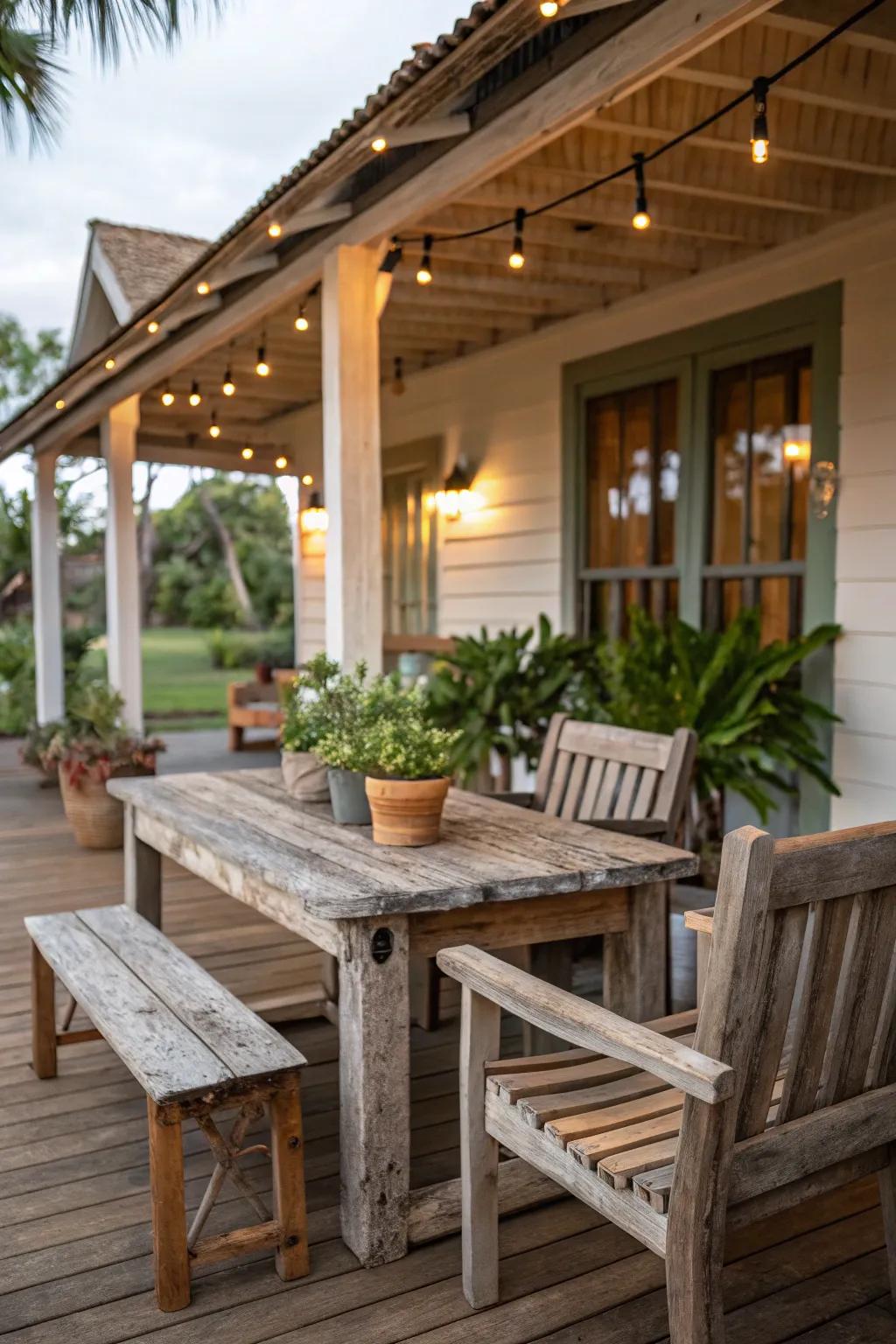 Salvaged lumber furnishings introduce rustic charm and sustainability to your veranda.