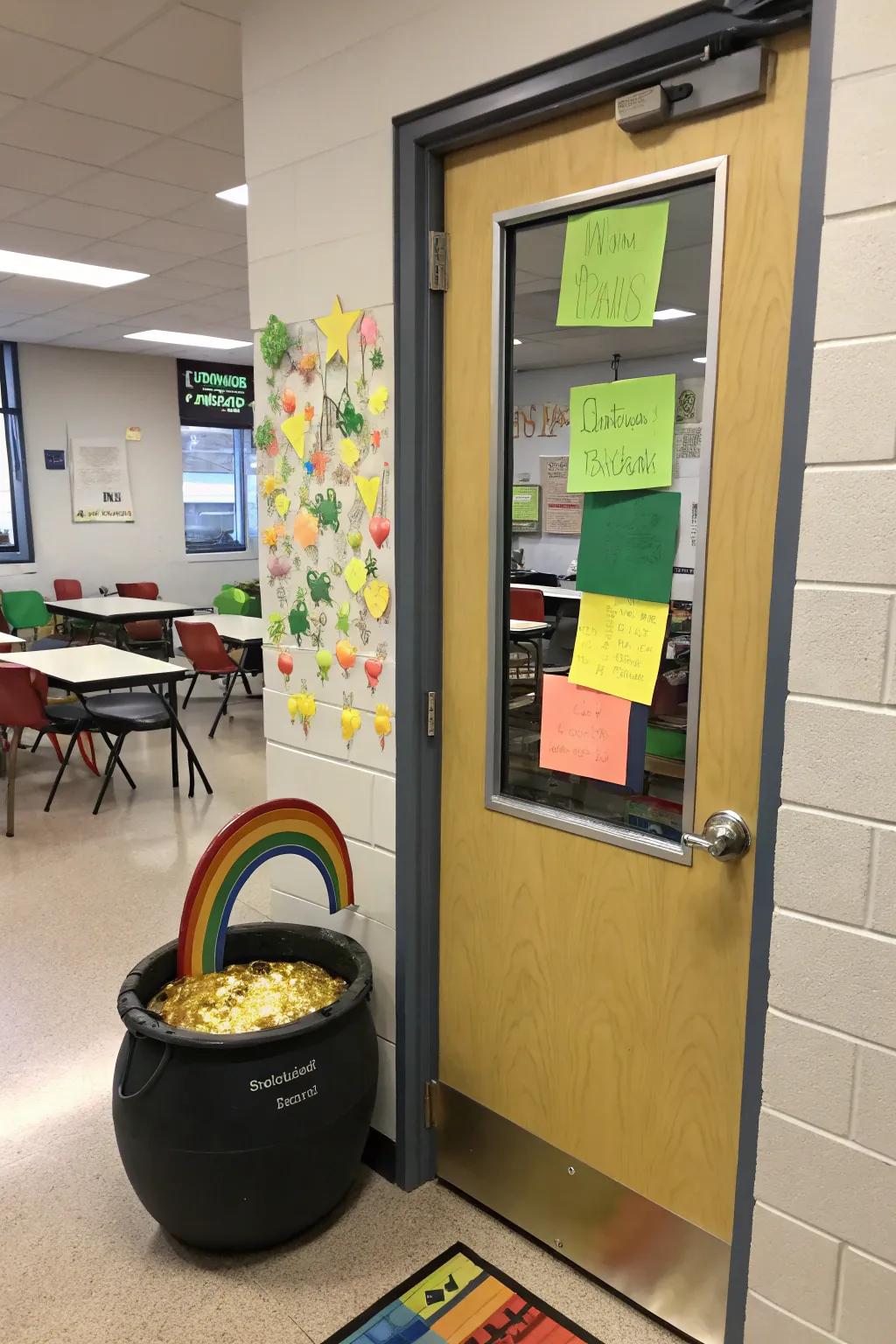 A treasure chest on a classroom entrance, brimming with notes of gratitude from scholars.