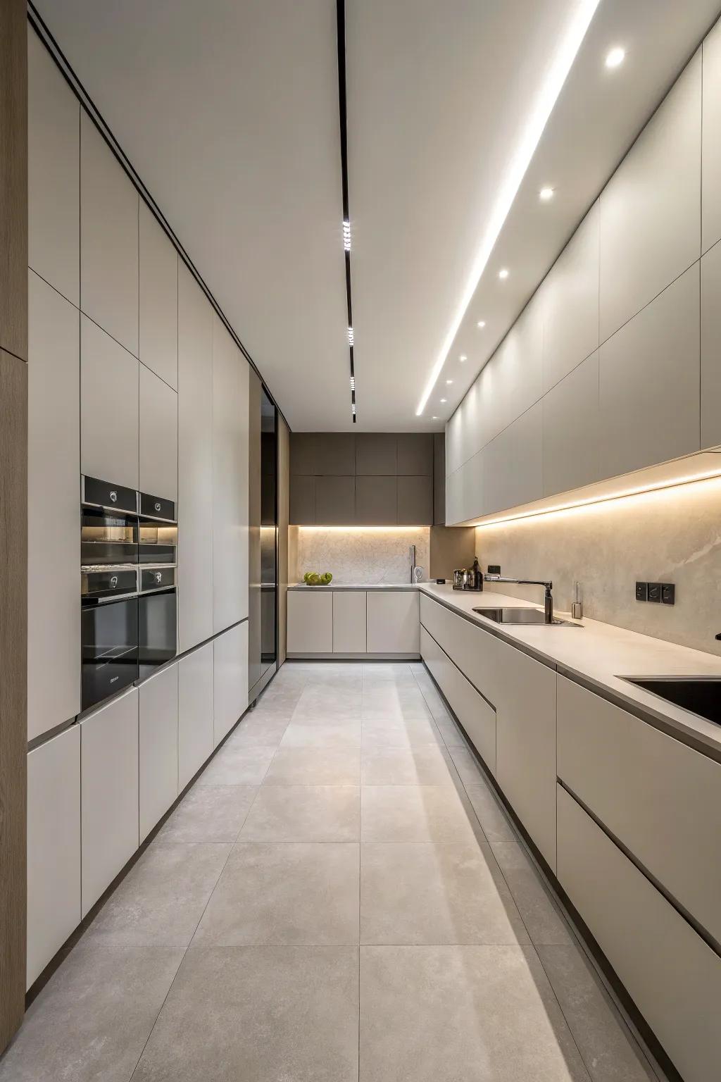 Elegant, handle-less cabinets emphasize the height and modernity of the kitchen.