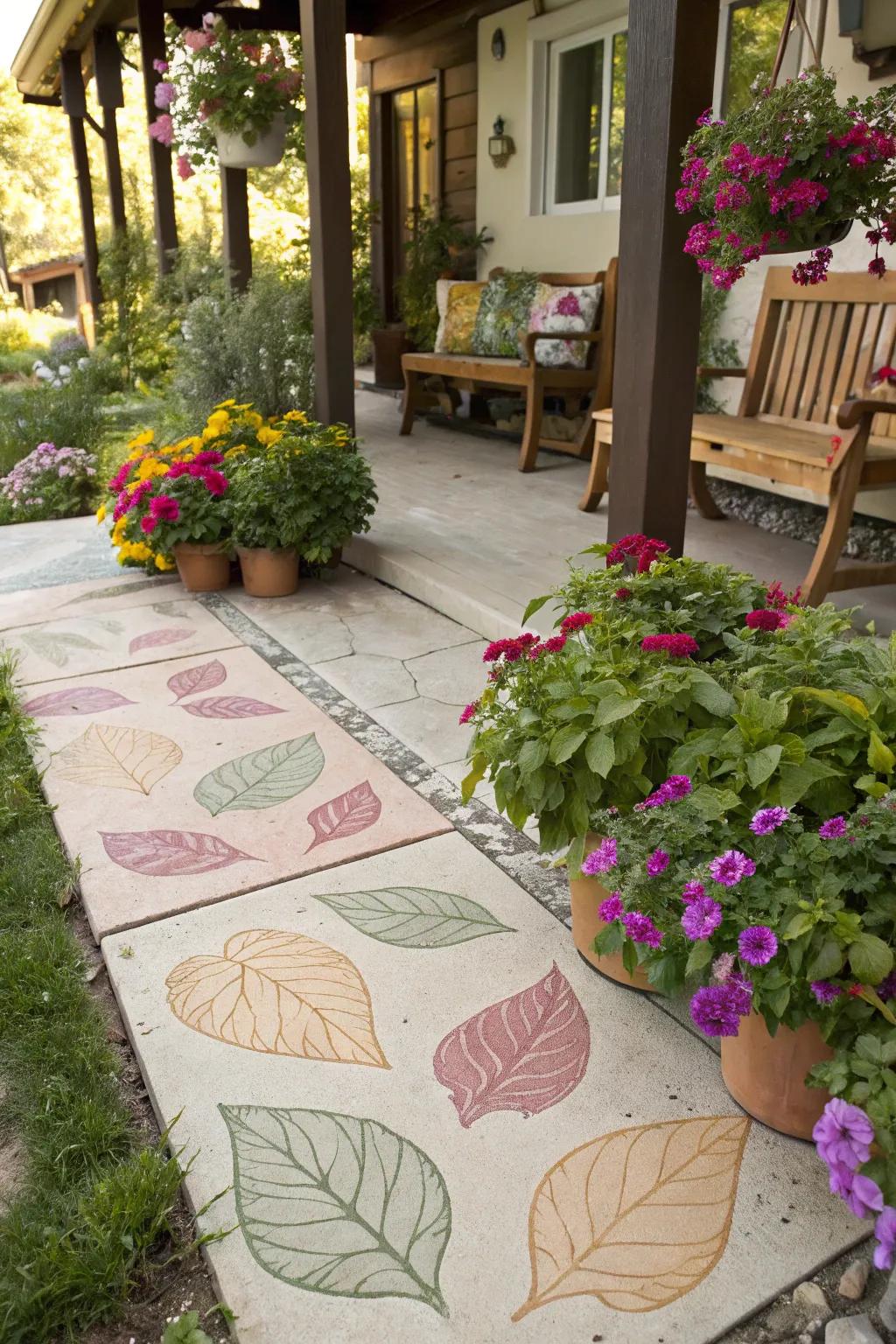 A playful patio with whimsical leaf patterns on stained concrete.
