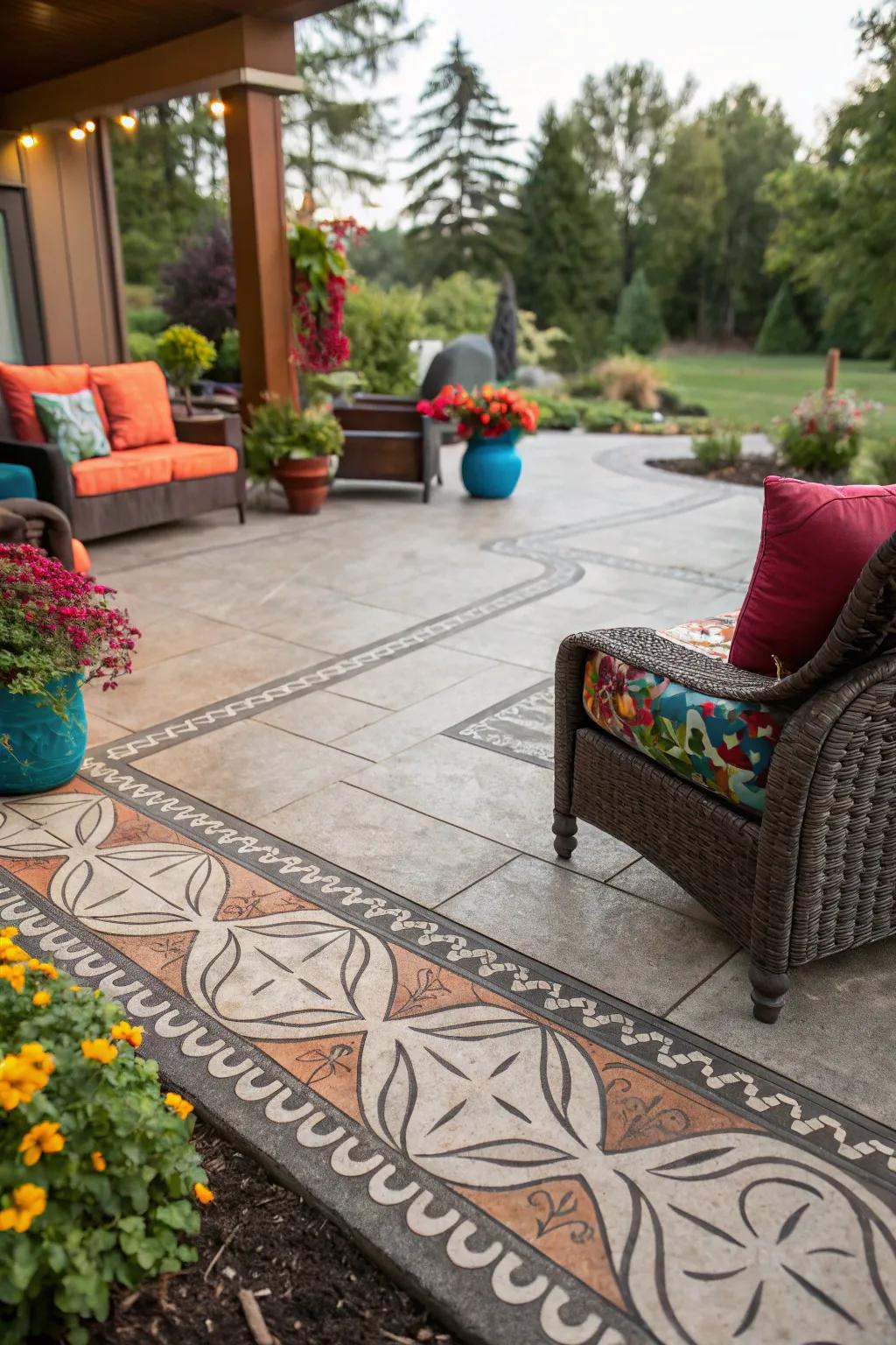 Patio with an abstract artistic design stamped concrete border