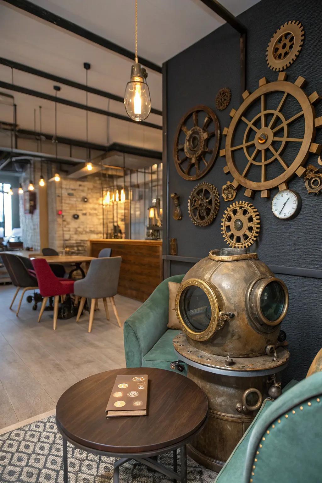 Unforeseen steampunk aesthetic components, such as the vintage diving helmet, ignite curiosity.