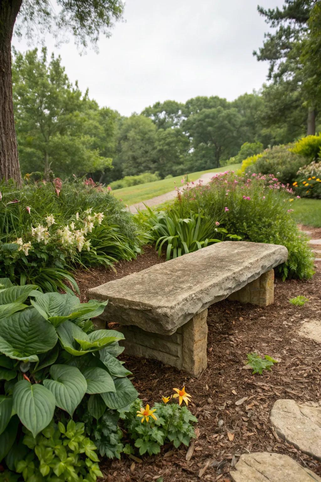 Unwind and savor your garden on an inherent stone seat.