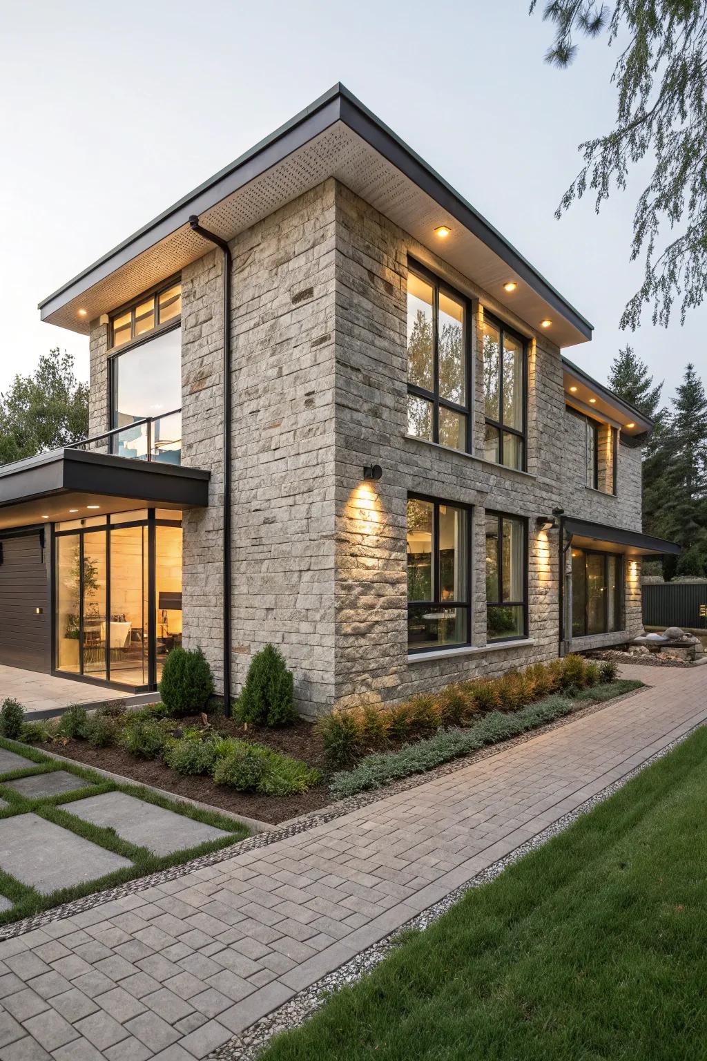 An eco-conscious home featuring a stylish artificial rock facade.