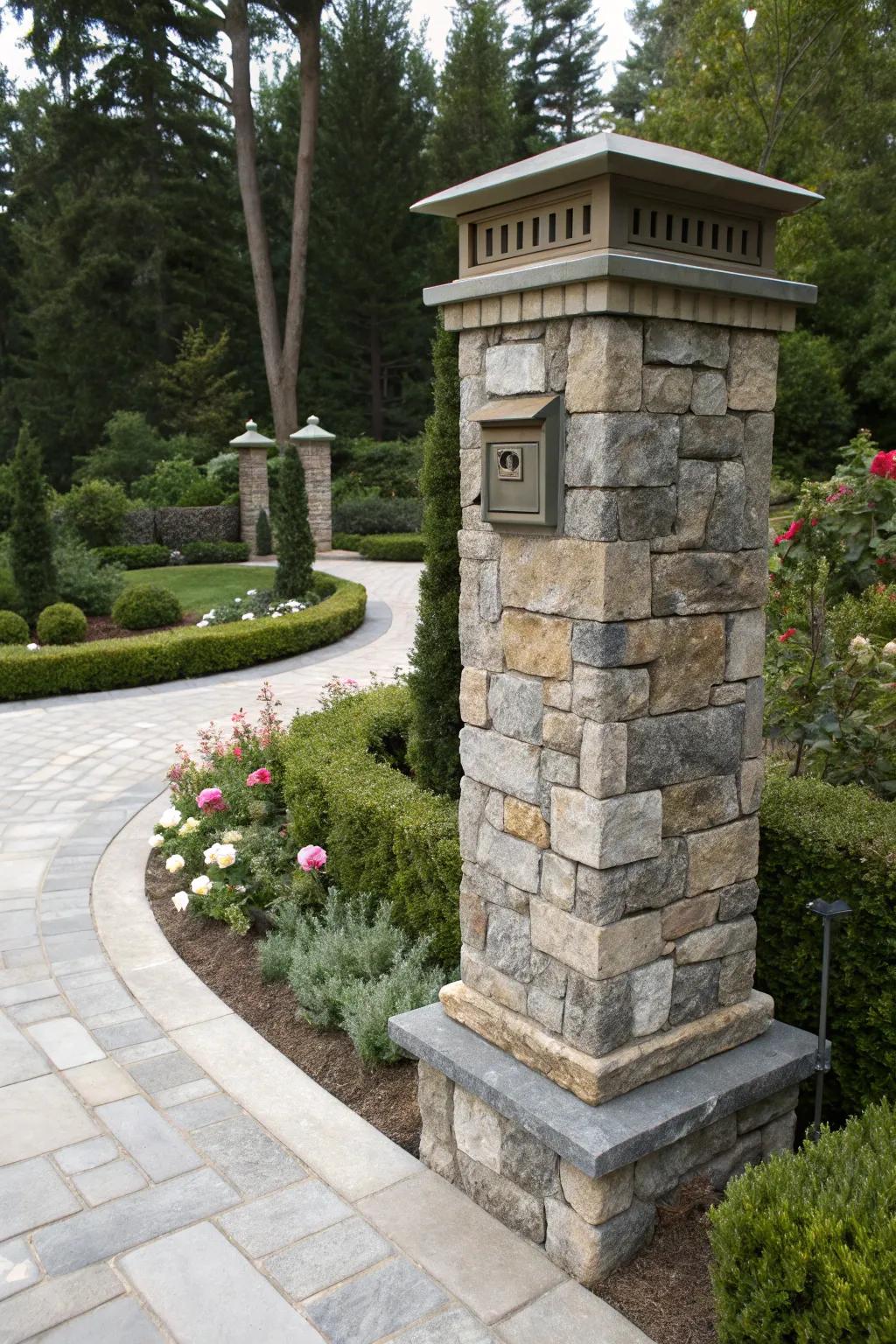 A textured stone mailbox pillar showing off different stone finishes.