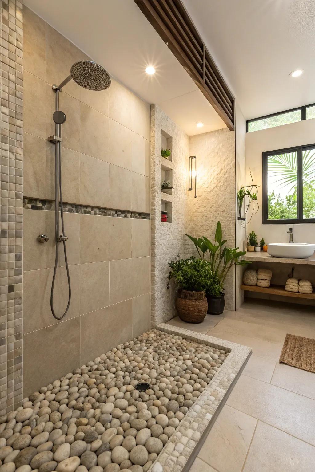 Pebble stones add a Zen-like touch to shower designs.