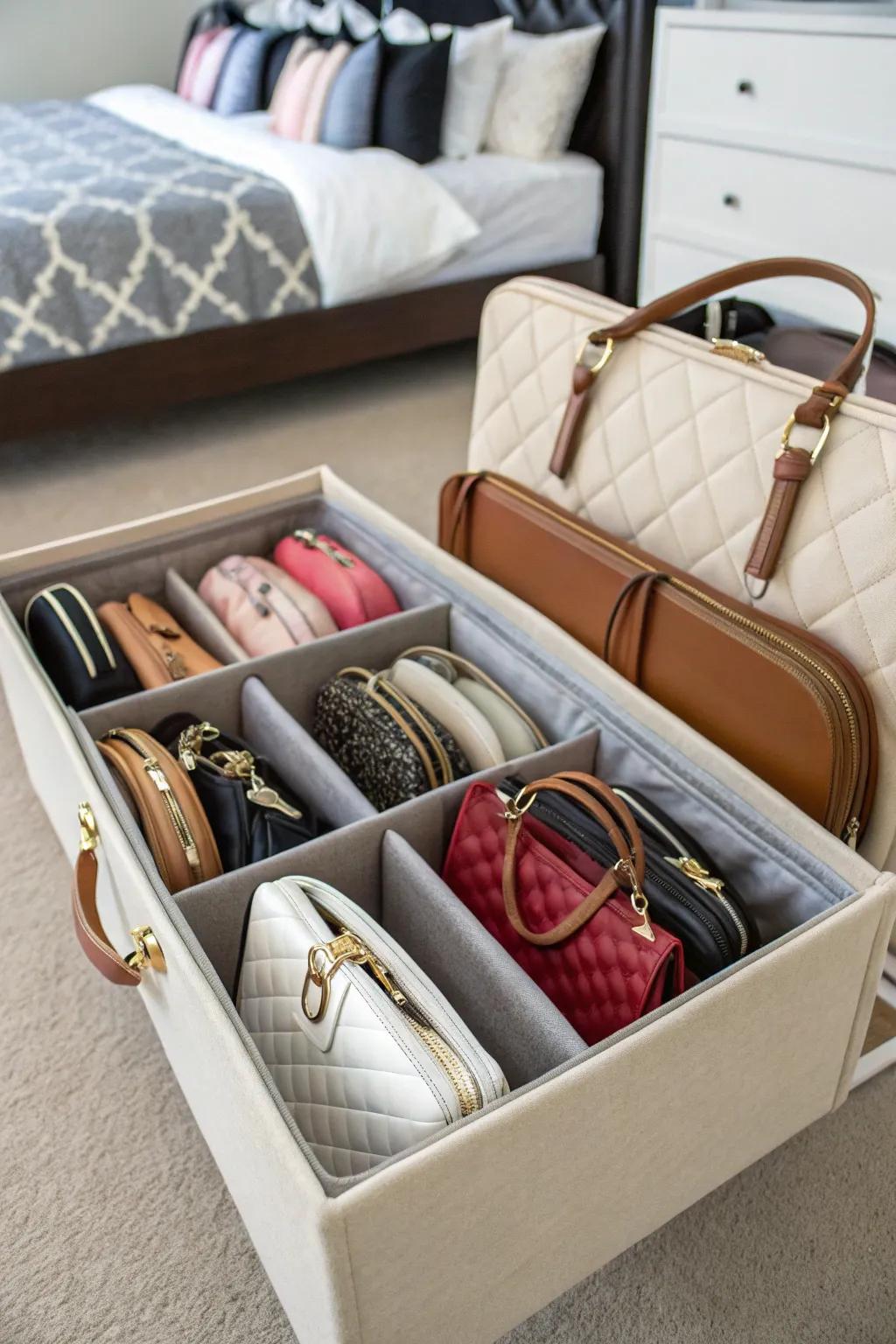 Under-bed storage boxes for handbags.