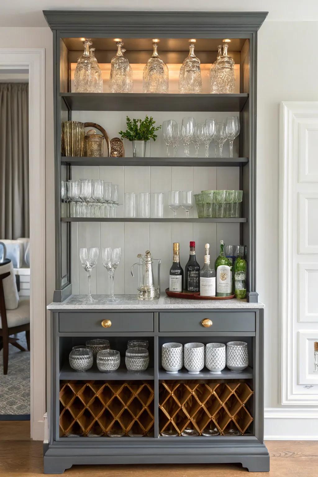 Bookcases that have been repurposed offer ample space for stylish glass storage.