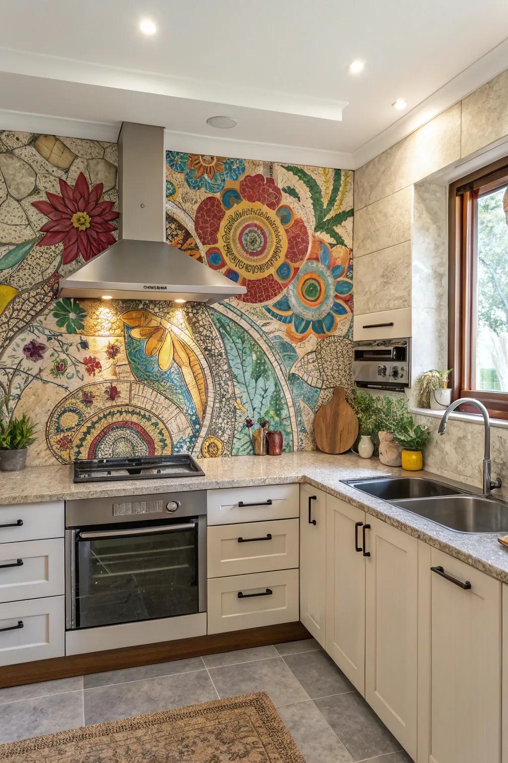 Varied mosaic art creates a vibrant focal point in your kitchen.