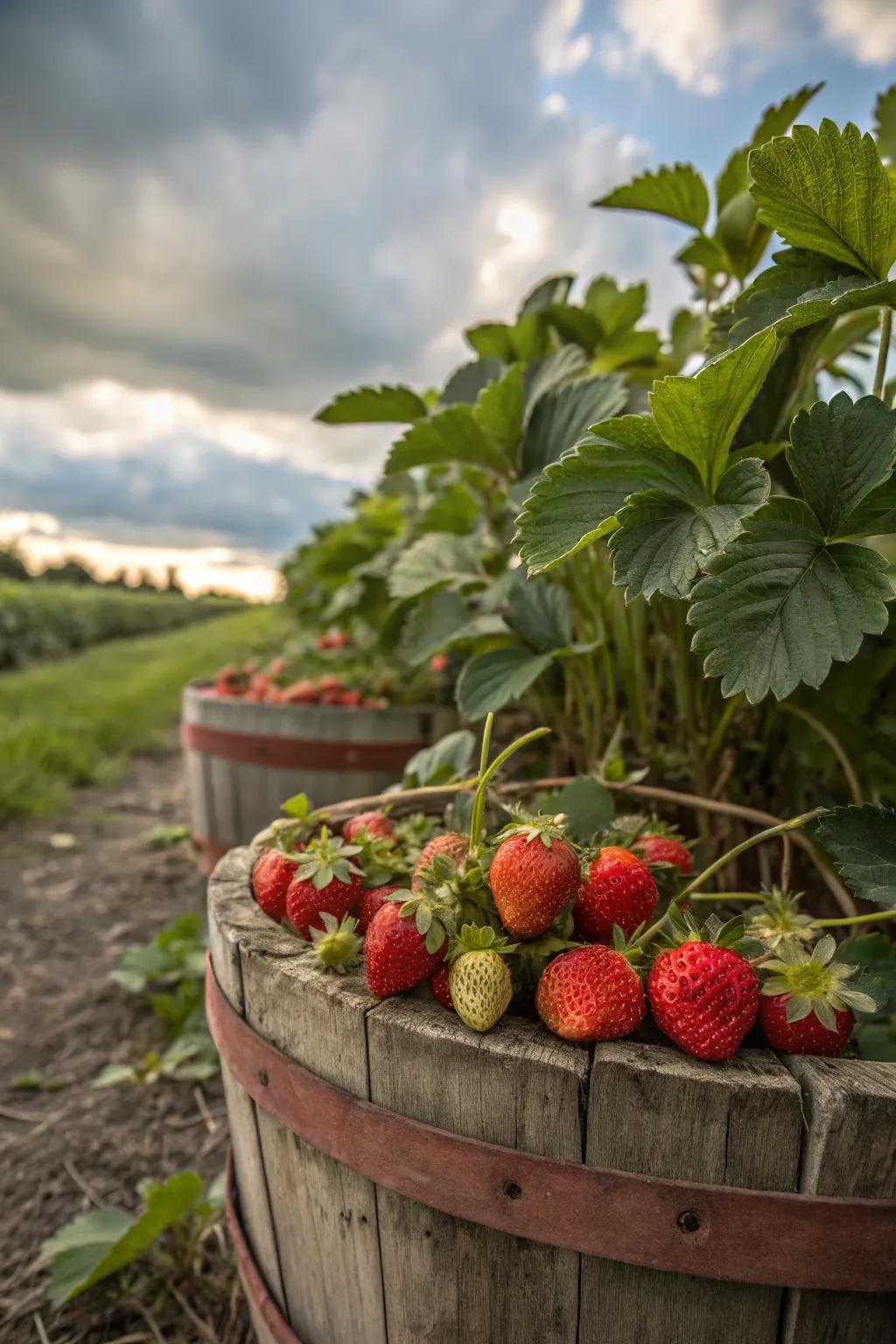 A rural barrel packed with strawberry plants.