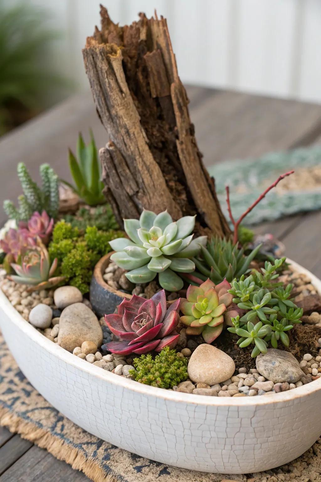 An eclectic succulent garden featuring textured elements.