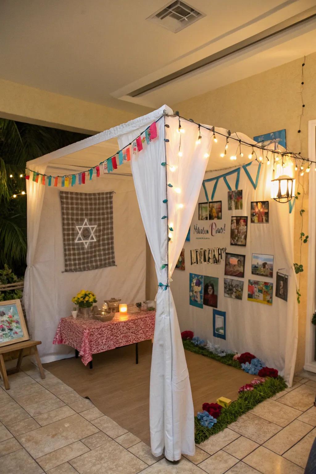 A warm and creative sukkah showcasing personalized family art.
