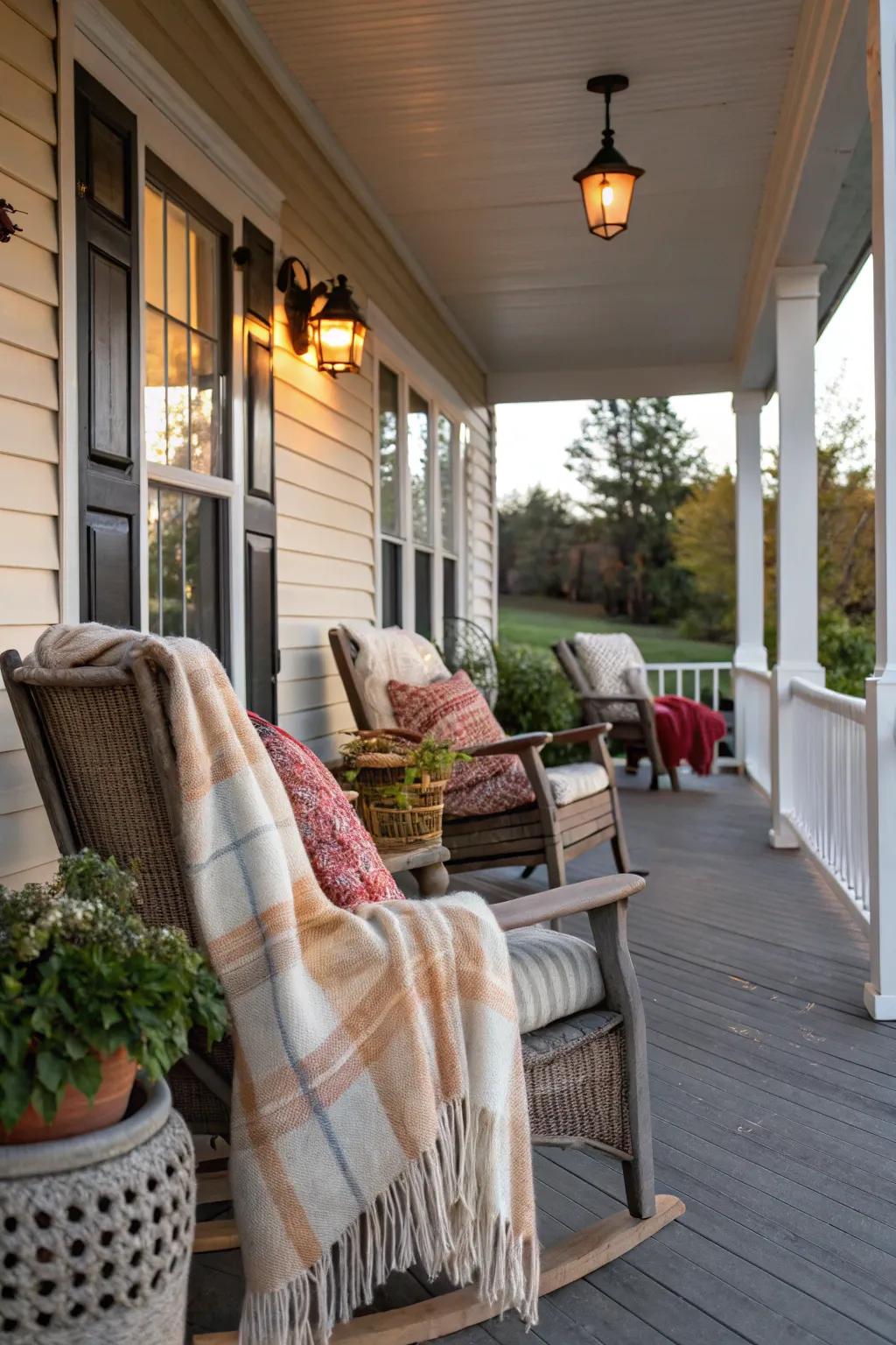 Throw blankets add warmth and comfort to the porch seating.