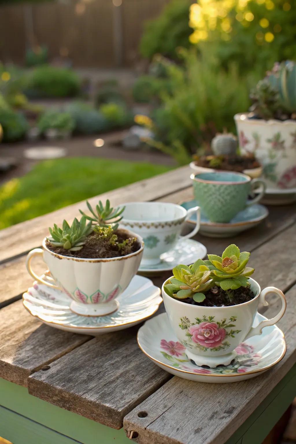 Bygone teacups serving as miniature containers