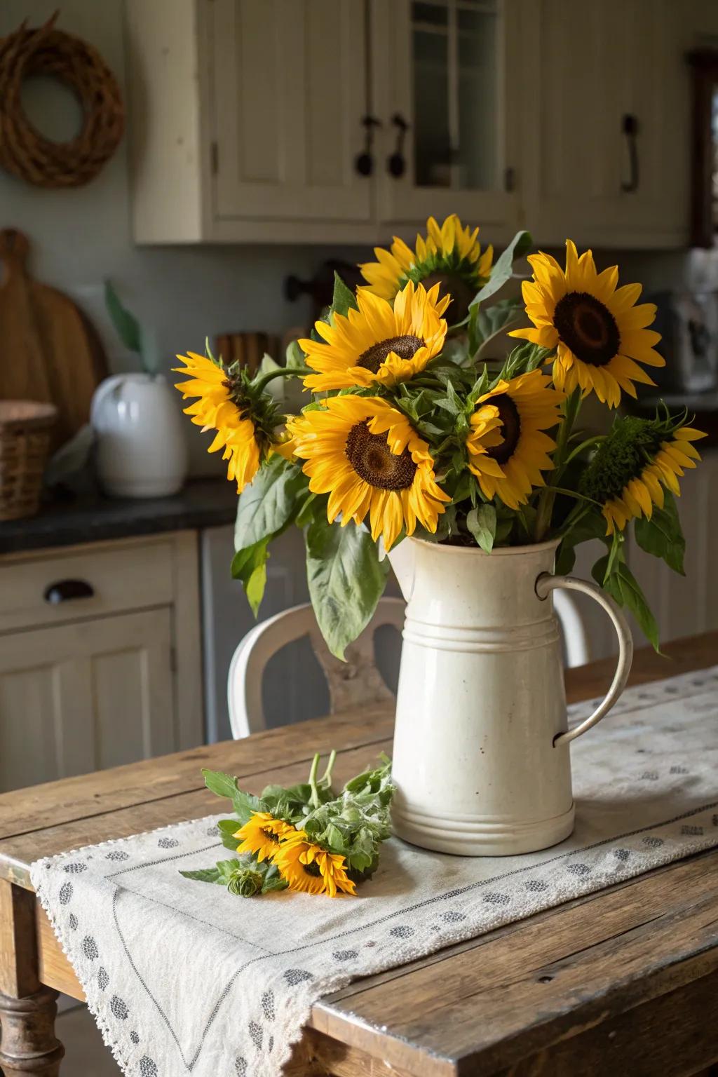 Nostalgic charm: sunflowers in a vintage pitcher.