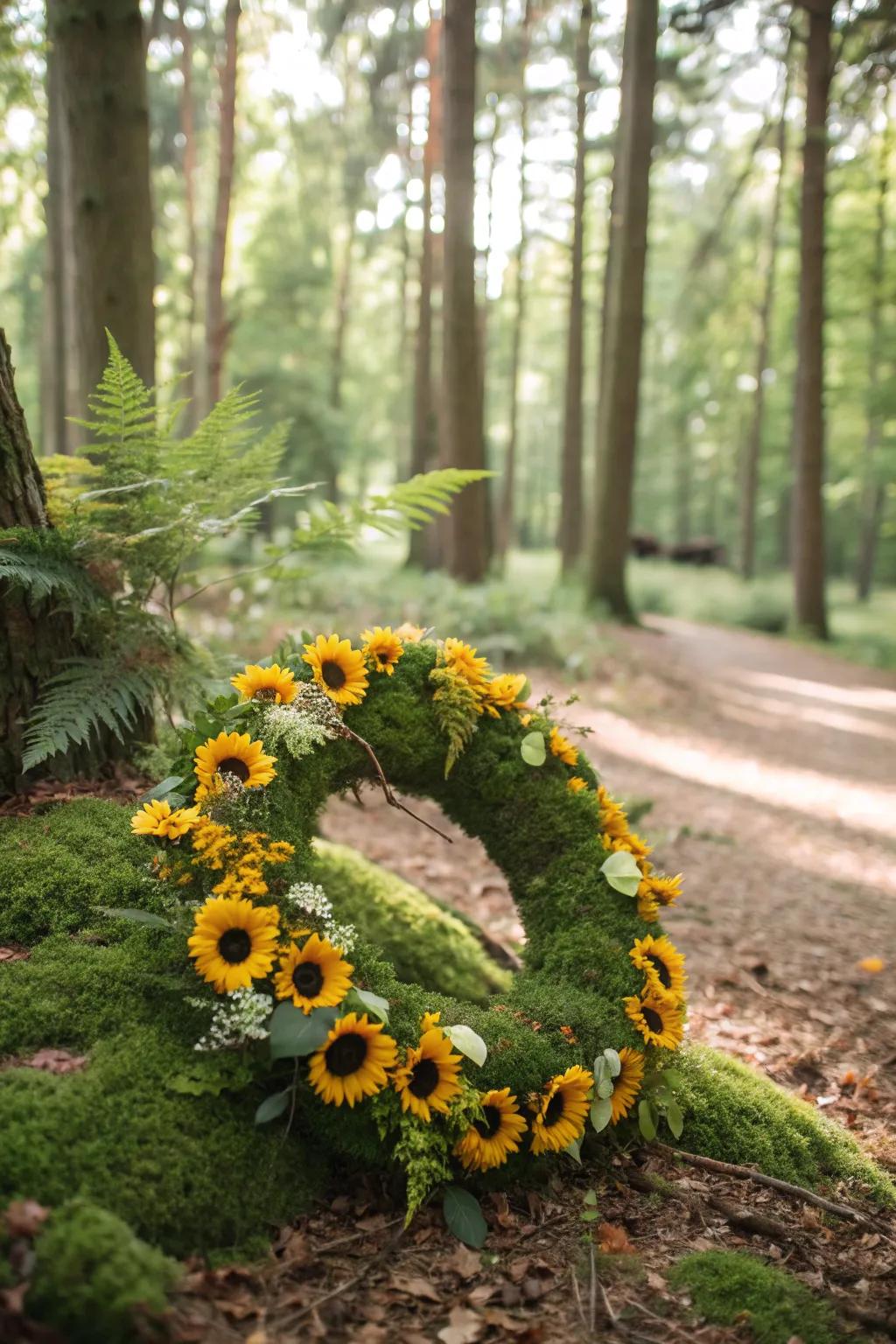 Lush and enchanting, a sunflower garland with a moss base.