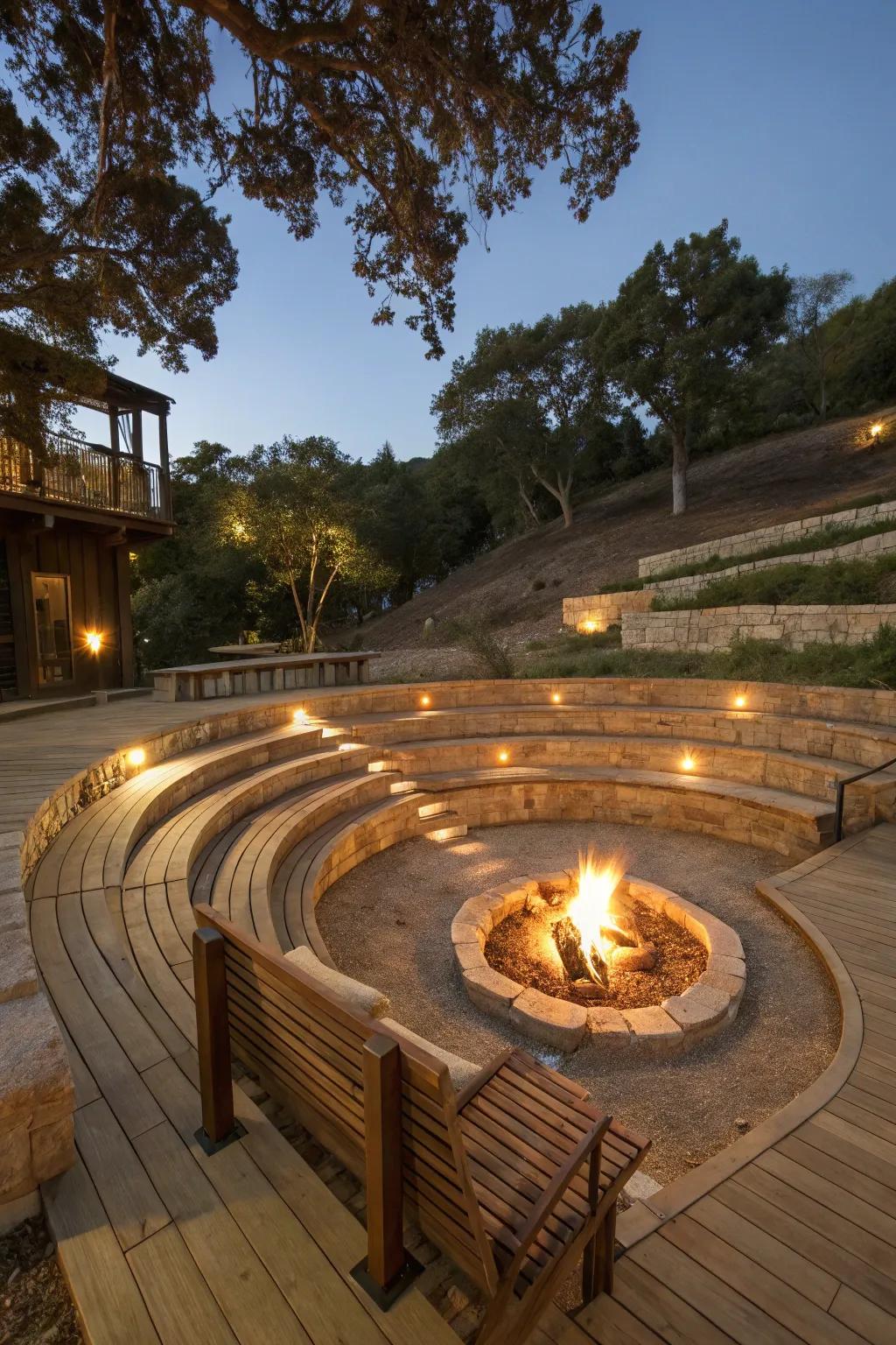 A natural theater surrounds this recessed fire pit.