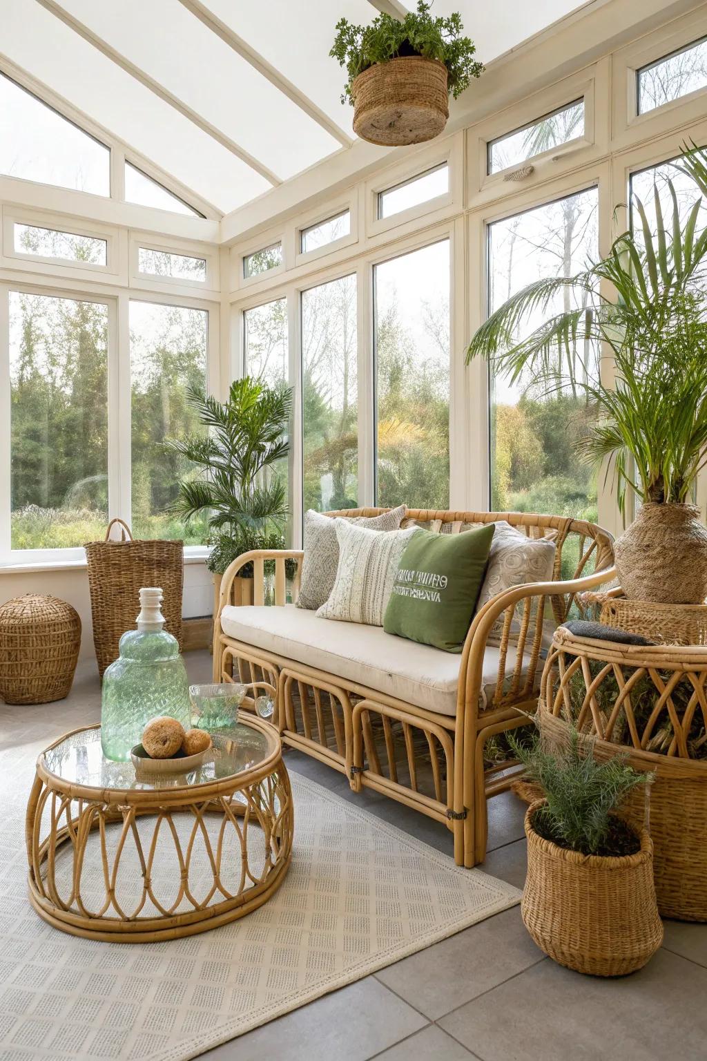 Green materials heighten the sunroom&rsquo;s natural vibe.