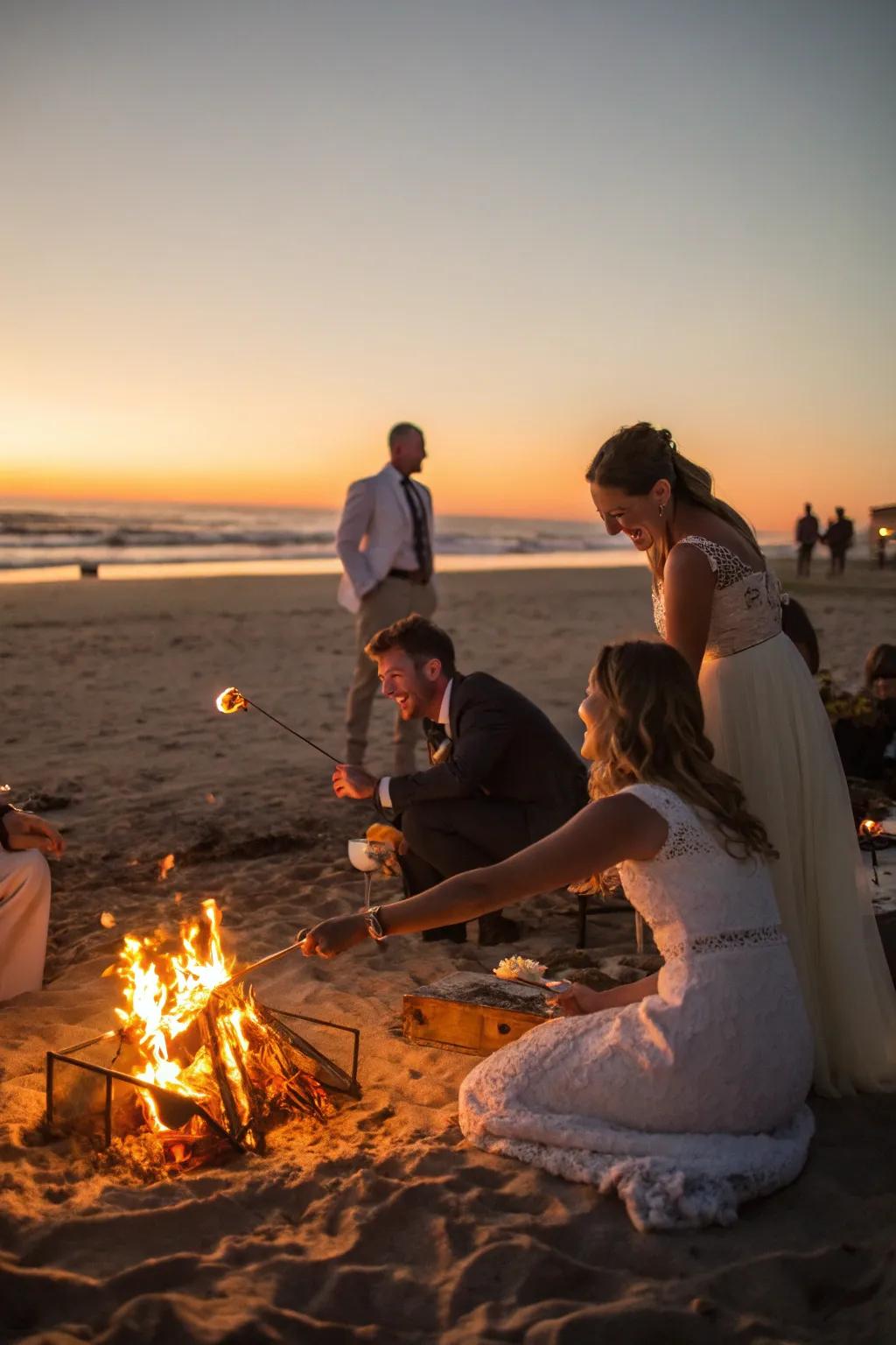 A cozy bonfire with guests enjoying treats during twilight.
