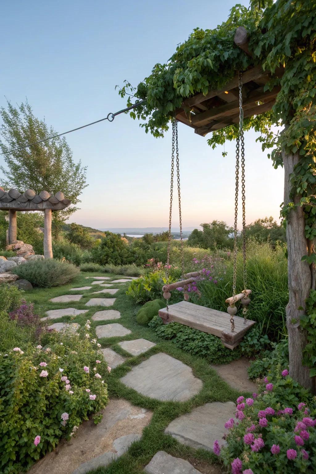 A swing featuring innate stone constituents elevates garden harmony.