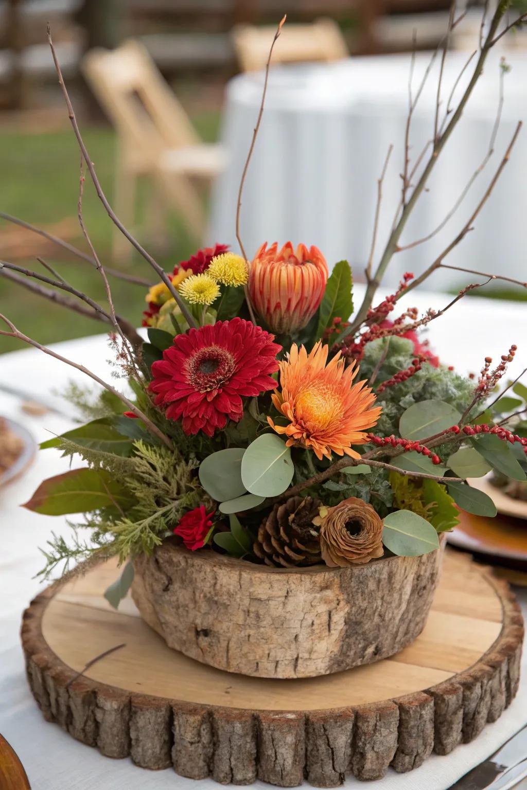An earthy centerpiece with timber elements and succulent arrangements.