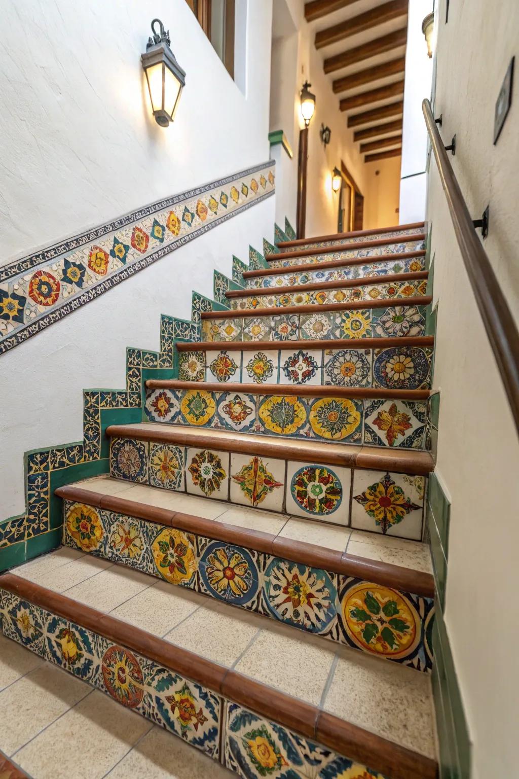 Introduce an unexpected splash of color to your stairs using Majolica mosaics.