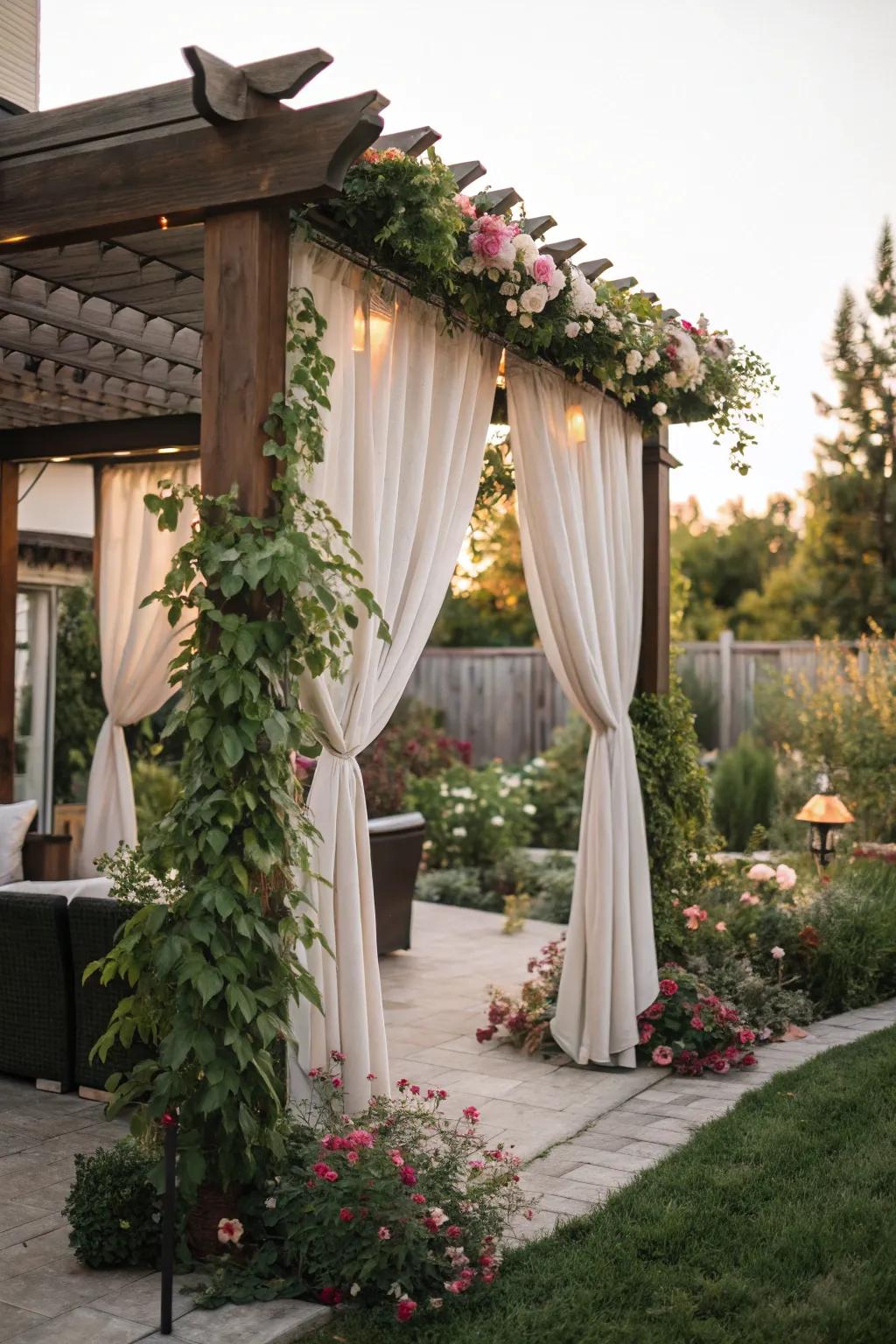 Exterior textiles injecting grace and privacy into an arbor.