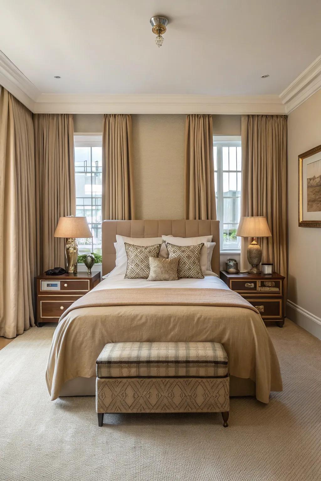The tan bedroom's peaceful balance is a result of symmetrical layouts.