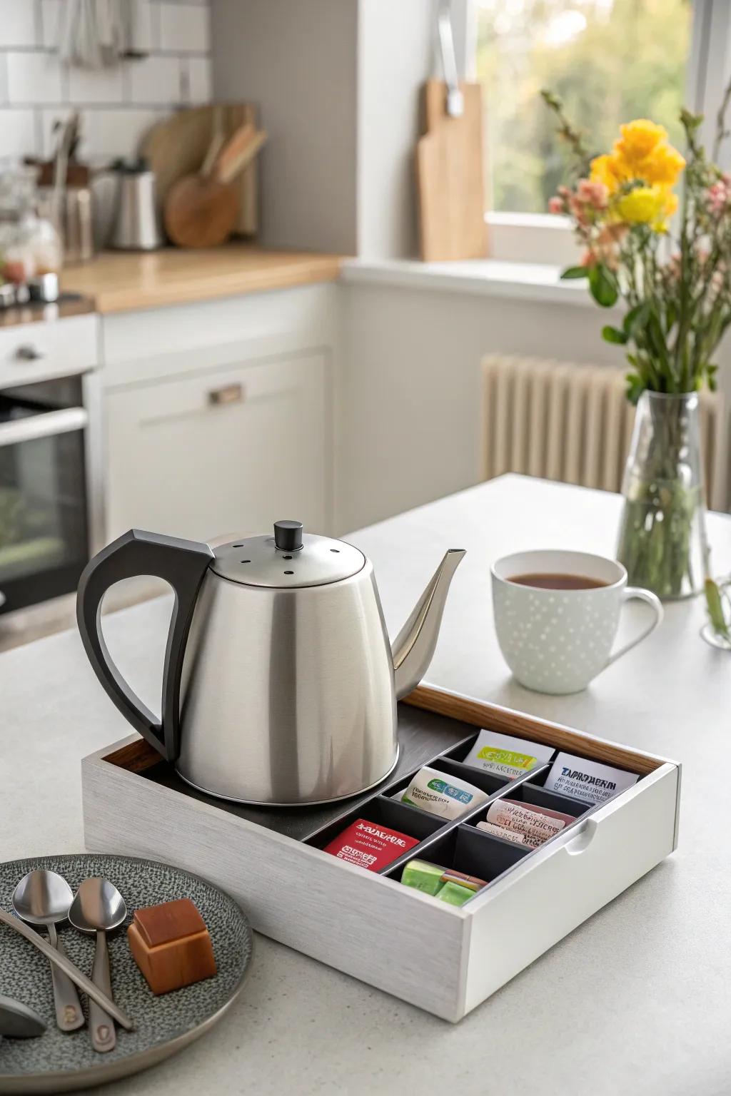 A teapot with integrated tea storage.
