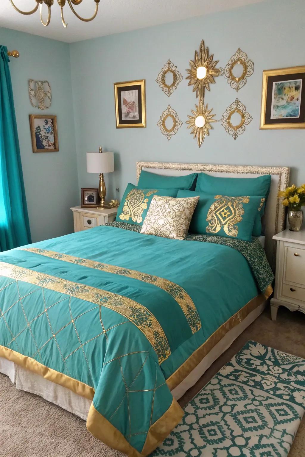 A horizon and gilded bedding arrangement instantly refreshes the look of this sleeping quarters.