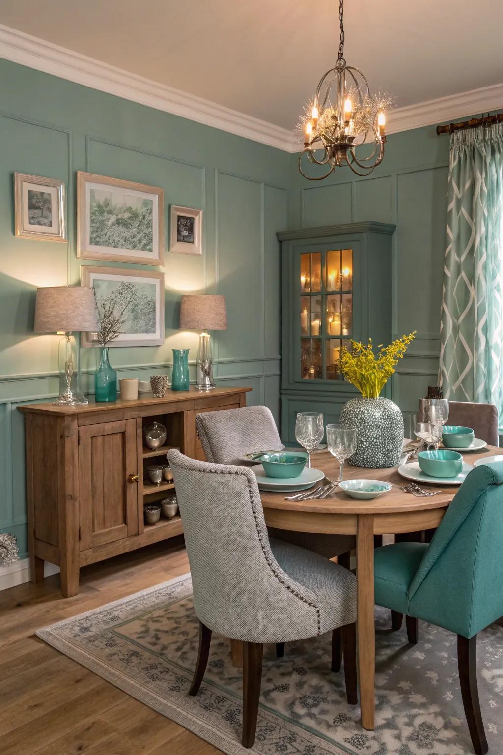 Azure and gray create a harmonious dining space