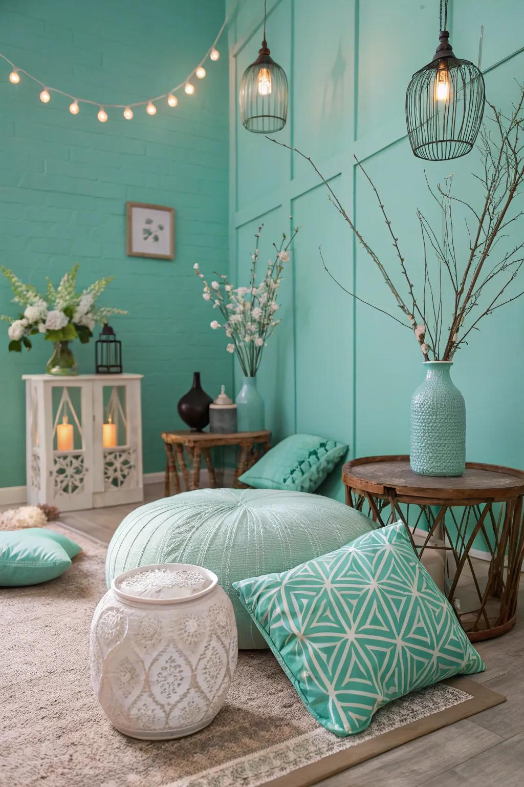 Decor that is refreshingly serene with teal and mint.